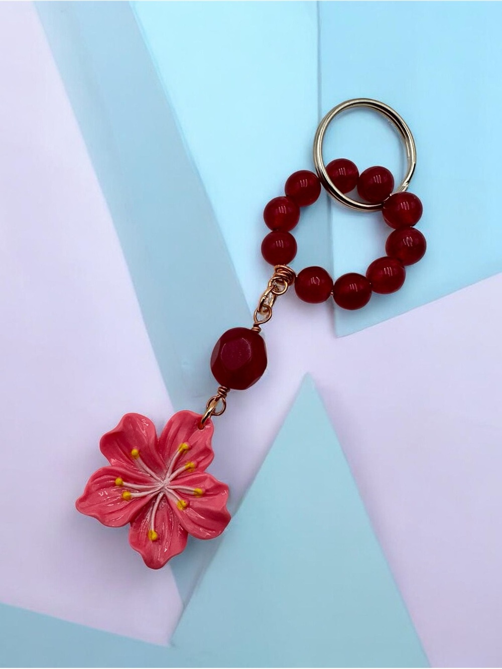 Red Beaded Flower Keychain Bag Charm Handmade Floral Accessory Gift